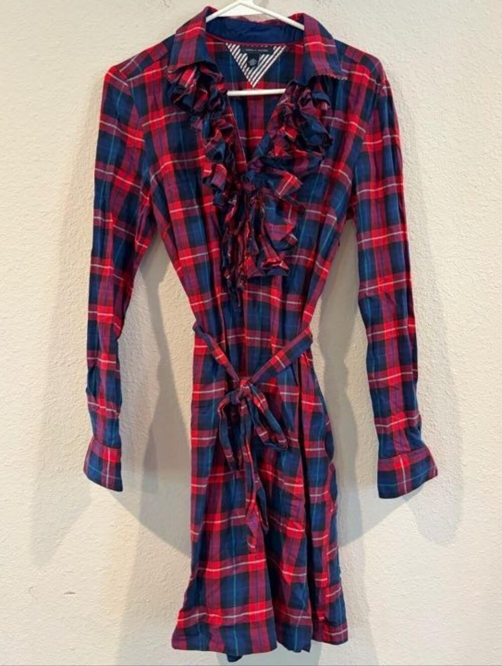 Tommy Hilfiger Womens Classic Red Blue Checkered Plaid Wrap Tie Mini Tunic Dress